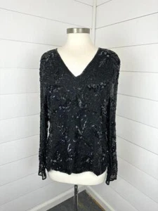 Vintage Stenay Stunning Beaded Silk Top Womens L/XL Sequins Black Evening - Picture 1 of 8