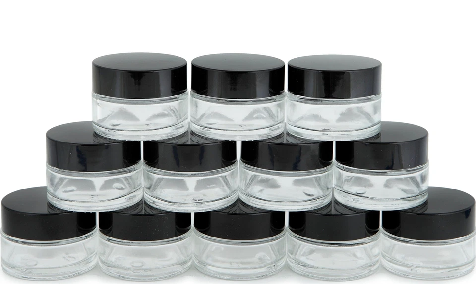 Vivaplex 12 Clear 15 Ml Round Glass Jars With Inner Liners and Black Lids