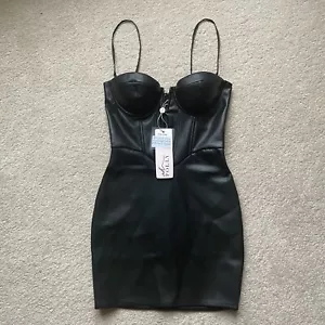 BNWT Oh Polly Dark Side Black Faux Leather Corset Bodycon Mini Dress Size 6 - Picture 1 of 4