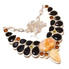 Fossilized Coral, Black Onyx, Citrine, Lemon Quartz Gemstone Handmade Necklace