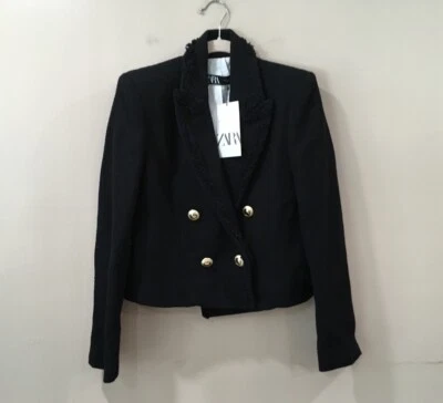 Zara Jacket Crop Women S Blazer Tweed Black Preppy Classic Elegant 2460/480 - Image 1 of 4
