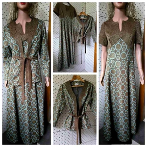 Vintage 70s HEATHNIT Jersey Wear Evening Crimplene Set Maxi Dress Blazer Size 40 - Picture 1 of 20