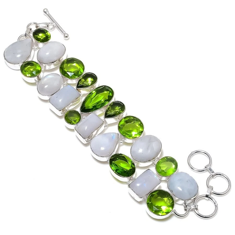 Rainbow Moonstone & Peridot Gemstone 925 Sterling Silver Bracelet Size 7-8" - Image 1 of 1