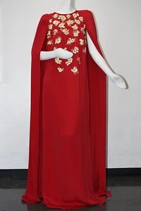 $3890 New Oscar de la Renta Red Threadwork Gold Embroidery Caftan Dress w CAPE M - Picture 1 of 12