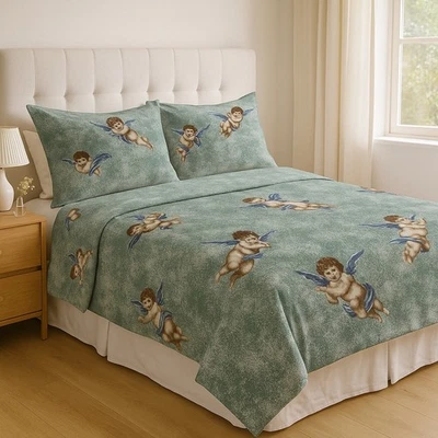 Juego de Sábanas Vintage King Percal Estampado Querubín Ángel Nuevo en Paquete Nos 55/45 Poli Algodón Foto 1 de 4