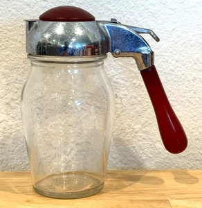 Vintage selten Rarität 50er Jahre Duraglas 5" Glas Sirup Spender roter Bakelit Griff - Bild 1 von 11