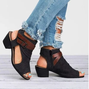 Appoi Cutout Side Low Block Chunky Heel Open Toe Gr. 10 Reißverschluss Stiefeletten - Bild 1 von 10