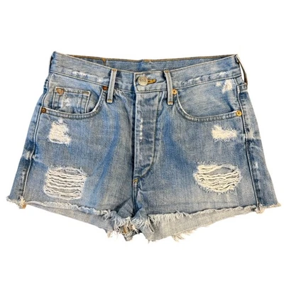True Religion Women’s Scout Distressed Denim Jean Shorts Blue Sz 24 Made In USA - Image 1 of 4
