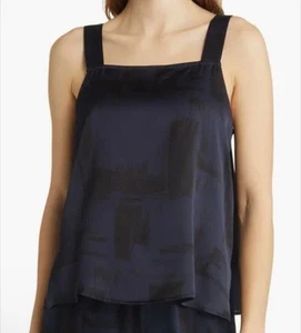 Eileen Fisher Womens Tank Top Navy Brushstroke Print Silk Square Neck Large NEW - Picture 1 of 12