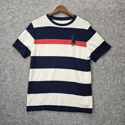 Camisa Polo Ralph Lauren Niños Grande 14 16 Azul Marino Blanco Rayas Big Pony Rugby Camiseta Foto 1 de 4