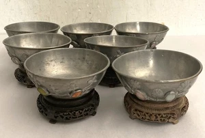 7 Antique Chinese Pewter Bowls Inlaid with Hand Carved Stands - Picture 1 of 13