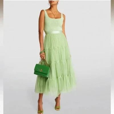 Alice + Olivia Chara Tulle Scoop Neck Pistachio Green Midi Dress 0 MSRP660 - Image 1 of 4