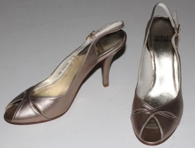 Stuart Weitzman 8 Narrow Pale Gold Leather Slingback PeepToe Sandal 3.75" Heel  - Image 1 of 4