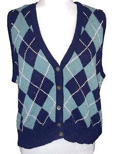 Talbot's Blue & Green Plaid Argyle Grandma Core Sweater Button Down Vest Size M
