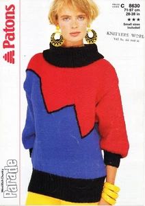 ~Patons Knitting Pattern For Geometric Colourblock Cowl Neck Sweater ~ 28" ~ 38" - Picture 1 of 1