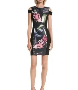 Ted Baker Size XS Black Floral Eden Body Con Cold-shoulder Dress NEW! - Picture 1 of 9