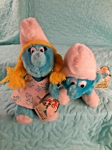 2 VINTAGE 1980/1981 PLUSH SMURFS w/ Tags 7" Smurf & 7.5" Smurfette PEYO - Picture 1 of 12