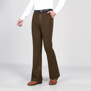 Men Bell Bottom Vintage Flared Pants Business Casual Striped Trousers Slim Solid - Picture 1 of 16