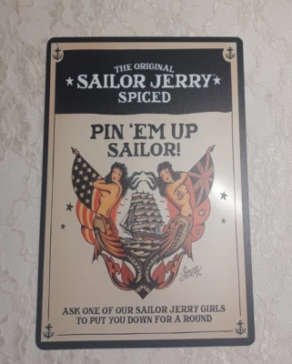 SAILOR JERRY SPICED RUM METAL TIN WALL SIGN PIN EM UP SAILOR US & BRITISH FLAG - Image 1 of 3