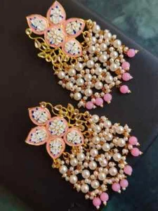 Meenakari flower design multi pearl drop big dangle earrings - Picture 1 of 2