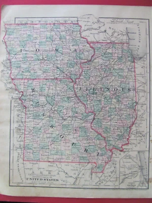 ILLINOIS IA MO IN OH KY TN ORIGINAL 1873 MAPAS DE COLTON COLOREADOS con CIUDADES FERROVIARIAS Foto 1 de 4