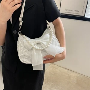 Canvas Bow Underarm Bag Korean Style Small Square Bag Bow Shoulder Bag Party - Picture 1 of 15