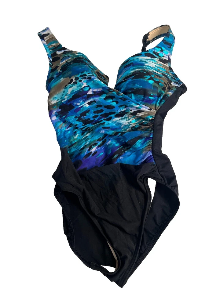 Maiô feminino MiracleSuit peça única 8 preto e azul abstrato náilon feito nos EUA - Imagem 1 de 4