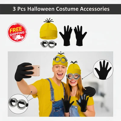 3 Pcs Halloween Costume Accessories Adult Goggles Glasses Yellow Beanie Gloves - Image 1 of 4