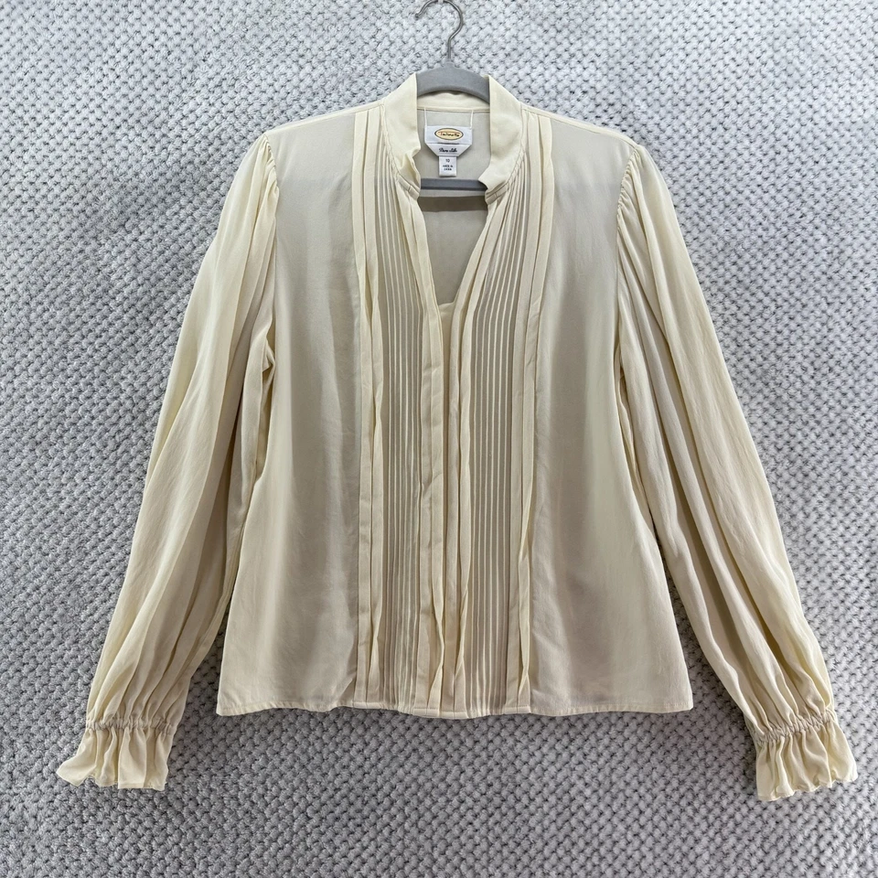 复古 Talbots Top 女式 10 象牙色丝绸打褶纽扣前气球长袖 — 第 1/4 张图片