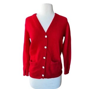 Cardigan donna vintage anni 90 piccolo rosso lana di agnello angora bottoni oro perla - Foto 1 di 8