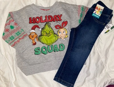 NUEVO CON ETIQUETAS-Sudadera Grinch para niñas pequeñas y pantalones de mezclilla ajustados, talla 2T/24M Foto 1 de 3