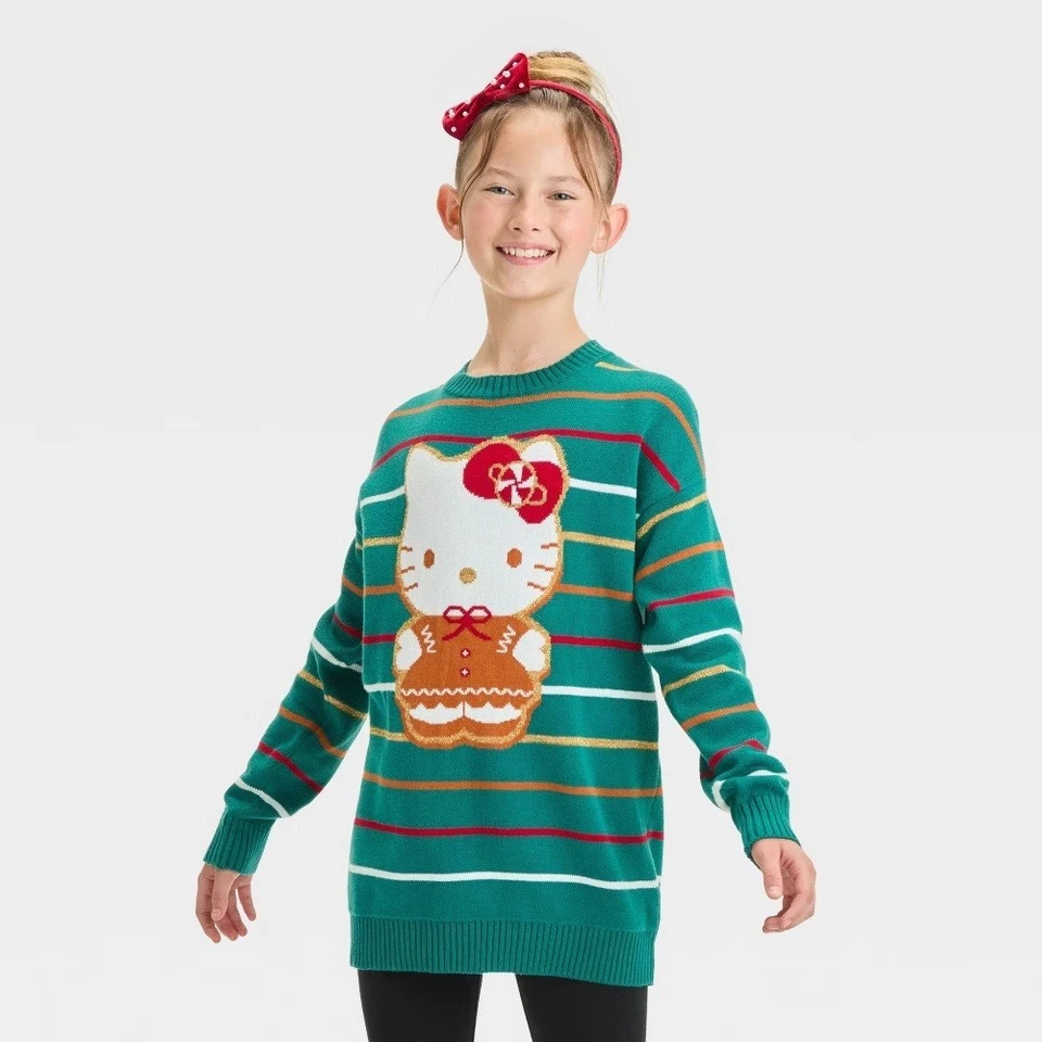 Girls' Hello Kitty Gingerbread Metallic Striped Christmas Sweater - Large #7230 - Image 1 of 4