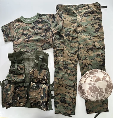 🔥Kids Army Soldier Desert Camo Uniform/Costume w/vest,Pants & helmet Sz M EUC - Image 1 of 4