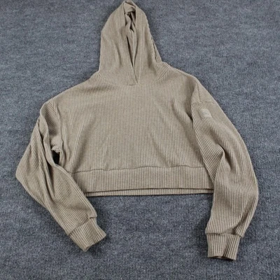 Alo Yoga Hoodie Womens XS Muse Ribbed Knit Cropped Gravel Heather Casual Comfy - Image 1 of 4