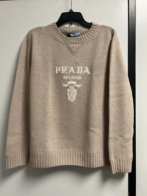 PRADA CASHMERE WOOL PRADA LOGO CREW-NECK SWEATER DESERTO/DESERT BEIGE SIZE 42 - Image 1 of 4