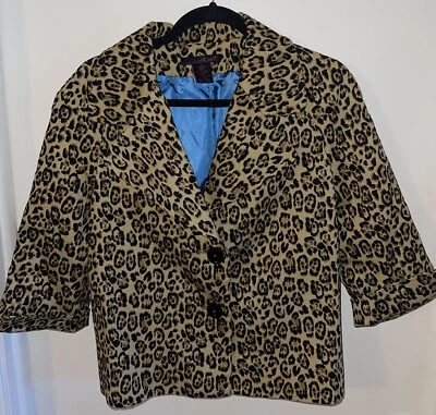 Willi Smith 复古猎豹动物印花 3/4 袖西装夹克 10 码 — 第 1/4 张图片