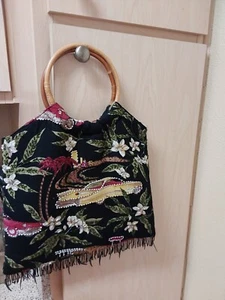 Vintage Indonesia 100%Rayon Handmade Handbag Bamboo Handle 14×16×6 - Picture 1 of 6