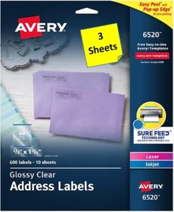 [3 hojas] Etiquetas de dirección transparentes brillantes Avery 6520 2/3" x 1 3/4" - Imagen 1 de 1