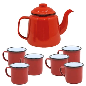 6pcs Falcon Red Black Rim 500ml Mug & Teapot Enamel Tin Gas Electric Hobs Safe - Picture 1 of 2