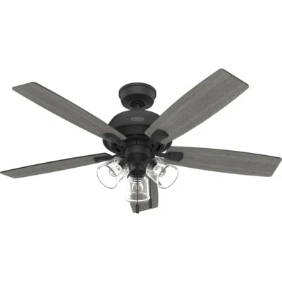 52" Matte Black Modern Indoor Pull Chain LED Ceiling Fan Clear Glass Shade - Image 1 of 4
