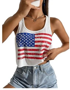 Women's Sexy American Flag Crop Tank 4th of July Patriotic Sleeveless Tee Top... - Picture 1 of 1