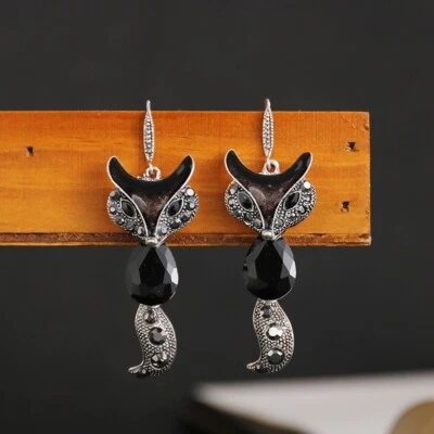 Unique Retro Silver Black Color Crystal Cat Dangle Hook Earrings - Image 1 of 2