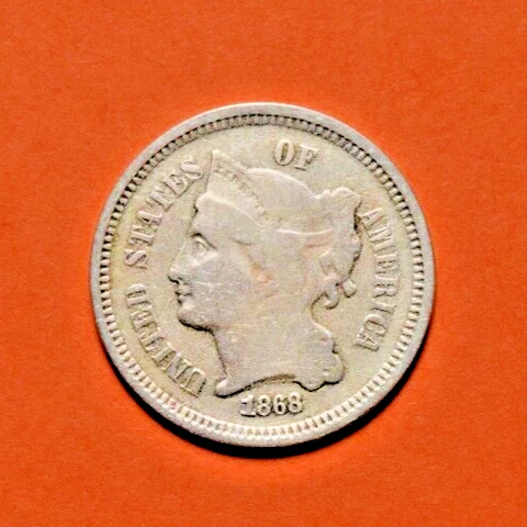 1868 Three Cent Piece Nickel ~ VG VERY GOOD TO FINE  3c US Type Coin Collectible Cover