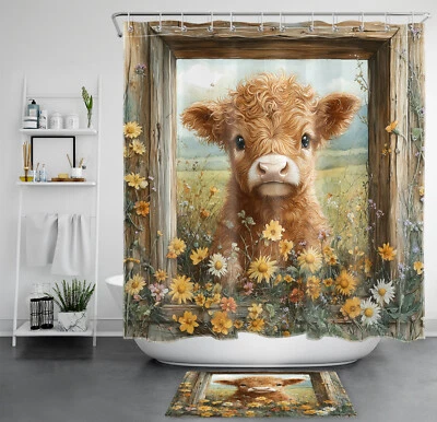 Country Yelllow Wildflower and Cute Cow Shower Curtain Bathroom Accessories Set - Image 1 of 4