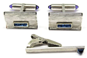 Silver Krementz Cufflinks Tie Clip Set Blue Stone Wood Grain Mens Vintage Wear - Picture 1 of 5