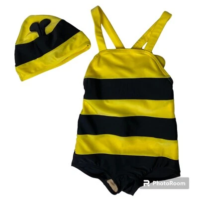 Sanrio Hello Kitty Yellow Black Boo Bee Costume Swimsuit Cap little girls sz 4 5 - Image 1 of 4