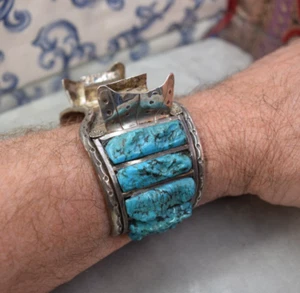 Vintage Navajo Huge Men's Sterling Turquoise Watch Cuff Bracelet 111 grams - Picture 1 of 16