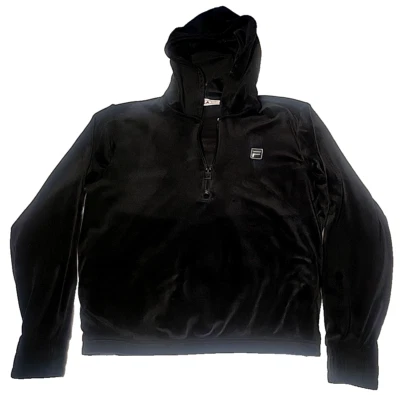 FILA Pullover Sudadera con Capucha Negro Terciopelo Suave 1/4 Cremallera Para Mujer Grande Logo Sudadera Foto 1 de 4