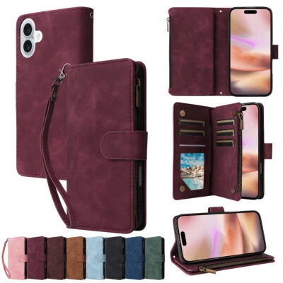 Zipper Leather Wallet Card Bag Case For iPhone 15 16 Pro Max 14 13 12 11 X XR XS - Image 1 of 4