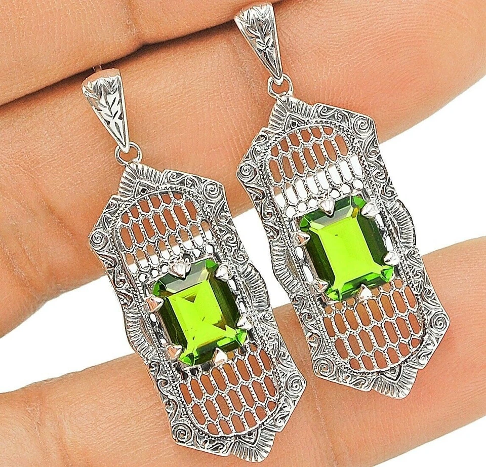 4CT Natural Peridot 925 Sterling Silver Edwardian Style Earrings Jewelry  - Image 1 of 1